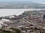 An aerial view of Buffalo, New York, facing Lake Erie.