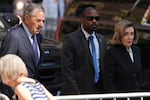 Rep. Nancy Pelosi, D-Calif., and her husband Paul arrive at the funeral services for Clive Davis at Central Synagogue in New York, Monday, June 29, 2026.