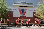 Teachers rallied outside Washougal High School on Tuesday, Aug. 28, 2018.