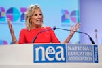 FILE - In this July 2, 2021, file photo first lady Jill Biden speaks at the National Education Association's annual meeting at the Walter E. Washington Convention Center in Washington. Biden is going back to her whiteboard. After months of teaching writing and English to community college students in boxes on a computer screen, the first lady resumes teaching in person on Tuesday, Sept. 7 from a classroom at Northern Virginia Community College, where she has worked since 2009.