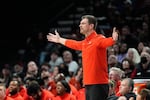 Portland Trail Blazers interim head coach Tiago Splitter reacts during the second half of an NBA basketball game against the New Orleans Pelicans, Thursday, April 2, 2026, in Portland, Ore.
