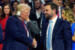 Republican presidential candidate former President Donald Trump and Republican vice presidential candidate Sen. JD Vance, R-Ohio, attend the first day of the Republican National Convention, Monday, July 15, 2024, in Milwaukee.