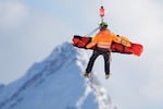 United States' Lindsey Vonn is airlifted away after a crash during an alpine ski women's downhill race, at the 2026 Winter Olympics, in Cortina d'Ampezzo, Italy, Sunday, Feb. 8, 2026.