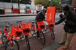 Anarchists slashed tires and vandalized the BIKETOWN station at Pioneer Courthouse Square, May 1, 2017.