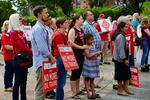 The proposed oil terminal has created divisions in the community. Protesters against the Vancouver Energy project showed up at a hearing earlier this year.