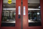 Locked doors to a secure vestibule at Palisades Elementary School in Lake Oswego, Oregon.