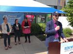 U.S. Sen. Ron Wyden (right, at podium) speaks at Planned Parenthood in Eugene, Oregon. Lane County Commissioner Laurie Trieger (far left), Planned Parenthood interim president and CEO Amy Holder (second from left), and Planned Parenthood board member Bethany Grace Howe (center), were also present and shared remarks on the Fair Courts Act.