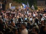 Families of kidnapped hostages join thousands of supporters in a protest at the Family of Hostages Square outside The Kiryato on Saturday to demand that Israeli Prime Minister Benjamin Netanyahu secure the release of Israeli hostagesl.