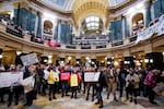 Protesters are seen in the Wisconsin Capitol during a march supporting overturning Wisconsin's near-total ban on abortion on Sunday, Jan. 22, 2023, in Madison, Wis. The outcome of Tuesday's supreme court race could change abortion rights in the state.