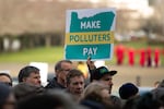 People gather on the steps of the Oregon Capitol in Salem for a rally for climate action on Feb. 11, 2020.