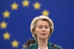 European Commission president Ursula von der Leyen delivers a speech at the European Parliament in Strasbourg, eastern France, Tuesday, July 8, 2025.