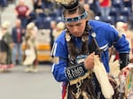 FILE - Aiden Wolf, a Whitman College Šináata Scholar, dances at the college’s 2026 Pášx̣apa Powwow, where he served as the powwow warrior.
