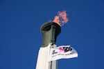 The Olympic cauldron is lit at the Los Angeles Memorial Coliseum in January.