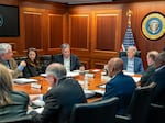 In this handout photo provided by the White House, President Biden meets with members of the national security team on Saturday in the White House Situation Room in Washington, D.C.