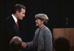 Vice President George Bush and New York congresswoman Geraldine Ferraro shake hands during a televised debate from Philadelphia on Oct. 11 1984. 