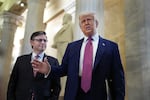 President Trump spearrives with Speaker of the House Mike Johnson (R-LA) for a House Republican meeting at the U.S. Capitol on May 20, 2025 in Washington, DC. Trump will join conservative House lawmakers to help push through their budget bill after it advanced through the House Budget Committee on Sunday evening. (Photo by Kevin Dietsch/Getty Images)