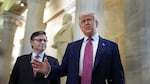 President Trump spearrives with Speaker of the House Mike Johnson (R-LA) for a House Republican meeting at the U.S. Capitol on May 20, 2025 in Washington, DC. Trump will join conservative House lawmakers to help push through their budget bill after it advanced through the House Budget Committee on Sunday evening. (Photo by Kevin Dietsch/Getty Images)