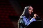 FILE - Albina Vision Trust executive director Winta Yohannes speaks during the annual Portland Metro Chamber meeting, amid discussions of renovating the Moda Center with public money, at the Moda Center in Portland, Ore., on June 24, 2026.