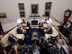 President Biden, Vice President Harris and congressional leaders — including House Speaker Kevin McCarthy — at a May 16 meeting in the Oval Office.