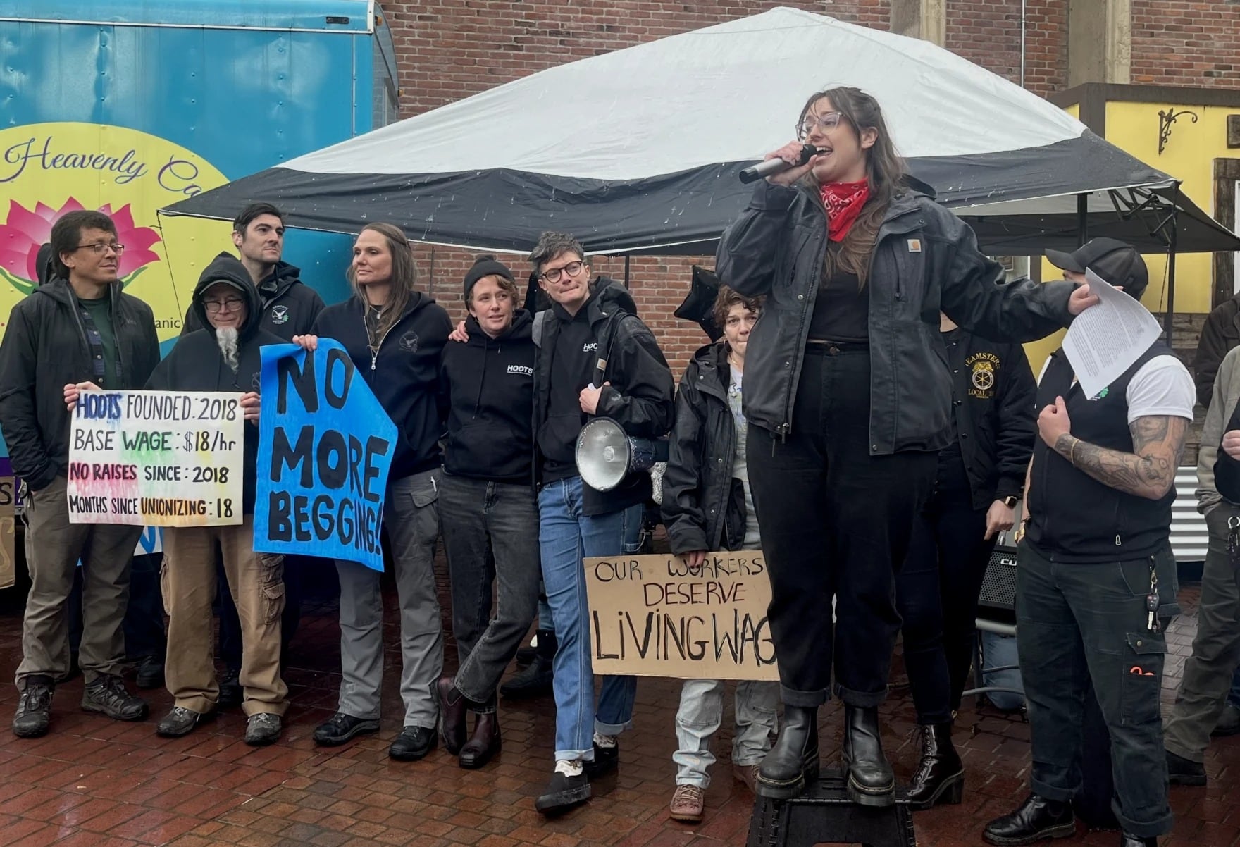 CAHOOTS workers and supporters speak at a union rally, April 5, 2024.