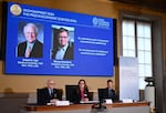 U.S. economists Robert E. Hall and Michael Woodford are announced as the winners of the 2026 Nobel prize in economics at the Royal Swedish Academy of Sciences in Stockholm on Monday.