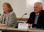 Vancouver mayoral candidates Anne McEnerny-Ogle and Steven Cox at a League Of Women Voters of Clark County candidate forum on June 12, 2017.