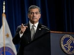 Secretary of the Department of Health and Human Services Xavier Becerra at a news conference at HHS headquarters in Washington, DC on March 9, 2023. Becerra said gun violence contributes to shorter lifespans in the U.S.