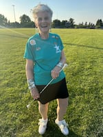 Marcy Tuffli, 93, has been a majorette with the "One More Time Around Again Marching Band" for 21 years.