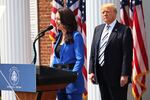 Brooke Rollins, president and CEO of America First Policy Institute, introduces former President Donald Trump during a press conference in July 2021 in Bedminster, N.J.