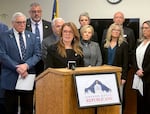 In this Feb. 6, 2025 photo taken at the Oregon State Capitol in Salem, House Minority Christine Drazan stands with fellow Republicans at a press conference. The party unveiled its legislative priorities and aim to tackle housing homelessness while cutting taxes and regulations.