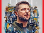 TIME's cover shows Ukrainian President Volodymyr Zelenskyy, surrounded by other individuals and crowds of protesters woven together with bright yellow sunflowers and blue and yellow Ukrainian flags.