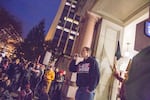 Sean Kealiher speaks at a rally following the election of Donald Trump as president of the United States on Nov. 11, 2016, in Portland, Ore. Kealiher was killed in a hit and run outside Cider Riot! in Portland on Oct. 12, 2019. Police are investigating it as a homicide.