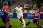 Team USA's Sophia Smith celebrates after scoring her side's first goal, during the women's Group B soccer match between the United States and Germany at the Velodrome stadium, during the 2024 Summer Olympics, Sunday, July 28, 2024, in Marseille, France.