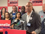 House Democratic Leader Hakeem Jeffries speaks in support of Oregon State Representative Janelle Bynum for her race in Oregon's 5th Congressional District, with supporters from SEIU Local 503 in the background, at the Clackamas Town Center in Portland, Ore., on Oct. 2, 2024.