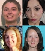 Law enforcement agencies have identified a person of interest in the deaths of four women, top row, left to right, Charity Perry, Ashley Real, bottom row, left to right, Kristin Smith and Bridget Webster, all found in wooded areas in the Portland area, between February and May 2023. 