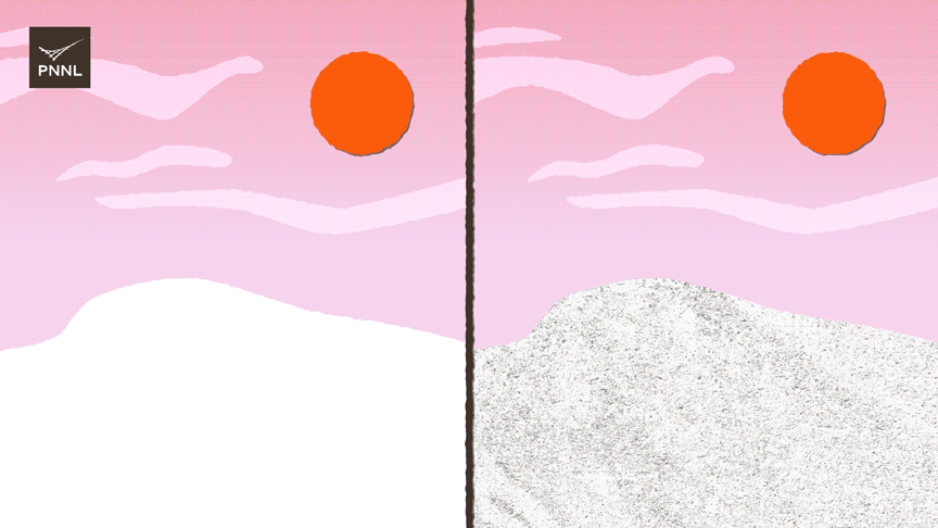 The dark particles in dirty snow (right) absorb more sunlight, causing that snow to melt more quickly than cleaner snow.