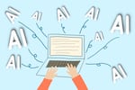 A pair of hands typing on a laptop keyboard, surrounded by the floating text 'AI.' The background is light blue, and the concept revolves around artificial intelligence and modern technology. This flat illustration could represent the use of AI in digital work, automation, or innovation. Ample copy space is available for text or branding.