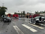 Emergency vehicles responded Aug. 6, 2025 to a multi-vehicle crash on Southeast Mill Plain Boulevard and 160th Avenue in Vancouver, Wash. A tow truck driver allegedly ran a red light, injuring 10 people.