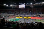 An overview of the OSAA State Wrestling Championships at Veterans Memorial Coliseum in Portland, Ore., on Feb. 24, 2024. It was the first state tournament to feature girls wrestling as a sanctioned sport.
