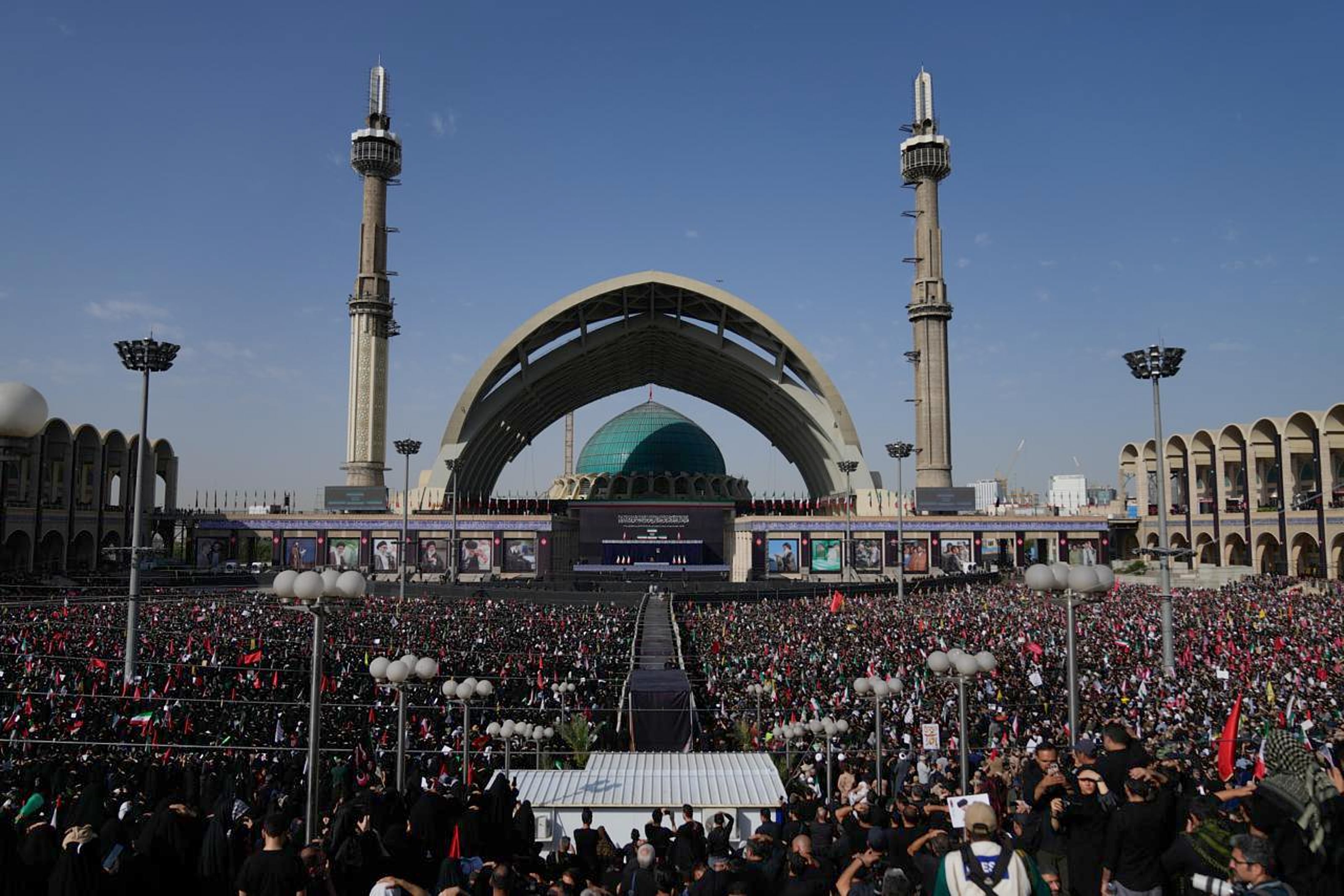 A crowd attends the start of the dayslong funeral ceremonies at the Imam Khomeini Mosalla Grand Mosque in Tehran, Iran, Saturday, July 4, 2026.