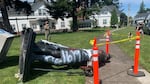 A statue of George Washington was pulled down from the lawn outside the German American Society in Northeast Portland on June 18, 2020.