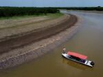 A fisherman stands on his boat as he navigates near thousands of dead fish awash on the banks of Piranha Lake due to a severe drought in the state of Amazonas, in Manacapuru, Brazil, Wednesday, Sept. 27, 2023.