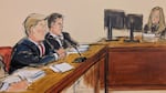 This artist sketch depicts former President Donald Trump, far left, pleading not guilty as the Clerk of the Court reads the charges and asks him "How do you plea?" on April 4, 2023, in a Manhattan courtroom in New York, as his attorney Joseph Tacopina, center, watches.