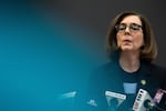 Oregon Gov. Kate Brown speaks during a news conference on the coronavirus outbreak, March 16, 2020.