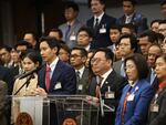 Former Thai prime ministerial candidate and Move Forward Party lawmaker Pita Limjaroenrat (front left) speaks during a press conference at the Thai parliament in Bangkok on Jan. 31.