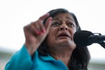 U.S. Rep. Pramila Jayapal, D-Wash., speaks during a rally held by Congress members in front of the State Department on April 29 in Washington, DC.