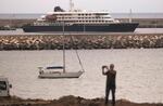 The hantavirus-stricken cruise ship MV Hondius is seen at anchor at the port of Granadilla in Tenerife, Canary Islands, Spain, Monday, May 11, 2026.