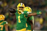 Oregon wide receiver Traeshon Holden reacts to a play during an NCAA college football game, Saturday, Nov. 9, 2024, in Eugene, Ore.