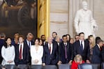 Tech leaders attend President Trump's second inauguration on January 20, 2025 in the U.S. Capitol. From left to right, they are Priscilla Chan, Meta CEO Mark Zuckerberg, Lauren Sanchez, Washington Post owner Jeff Bezos, Alphabet's CEO Sundar Pichai, and Billionaire Elon Musk, among other dignitaries.