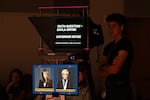 The teleprompter during the gubernatorial debate in Eugene, Ore., at the University of Oregon, on Thursday, Oct. 1, 2026.